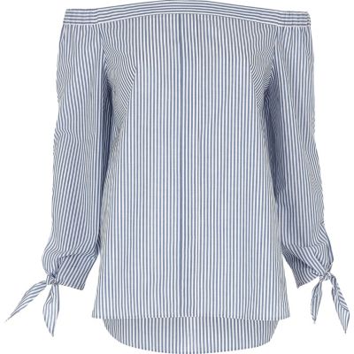 Blue stripe tie sleeve bardot shirt